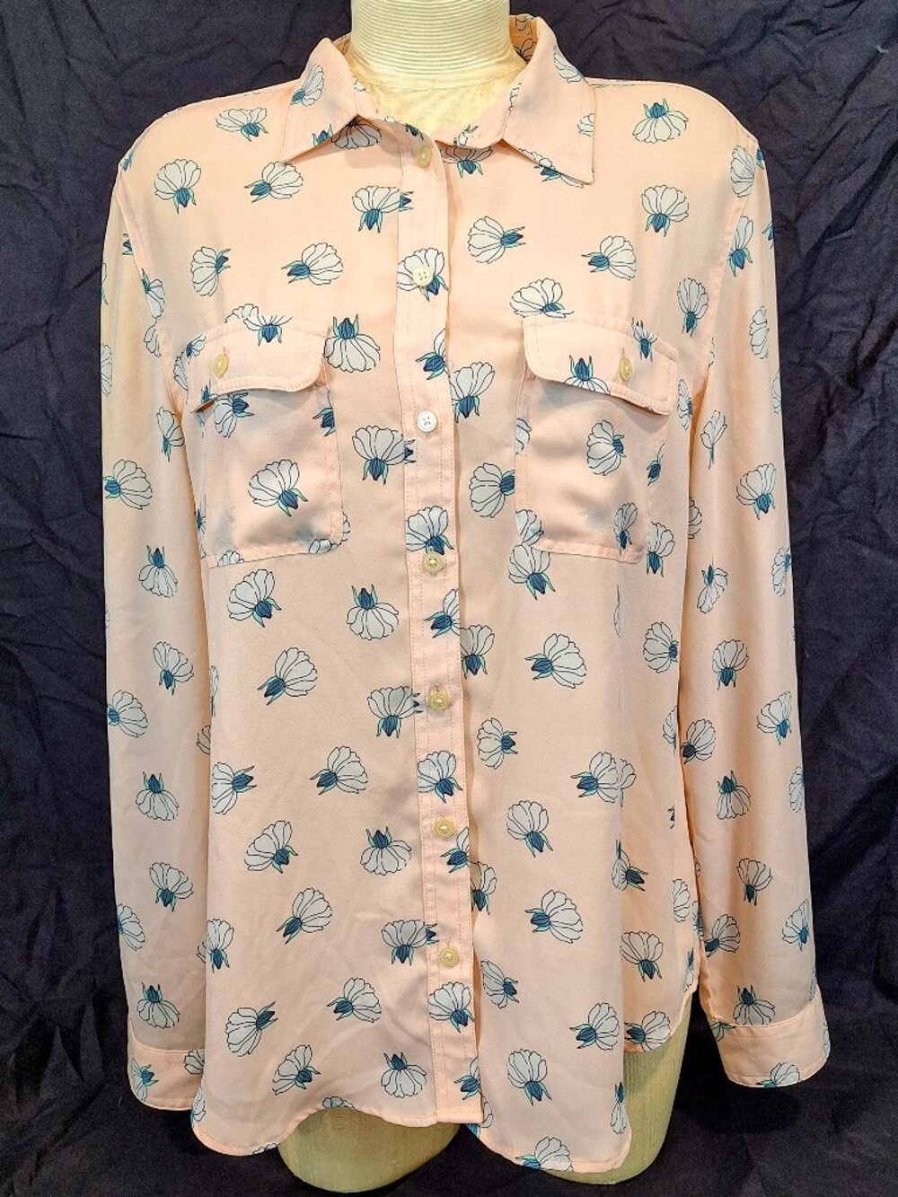 Ann Taylor Loft Peach Floral Lotus Roll Tab Sleeve Button Top Size Large